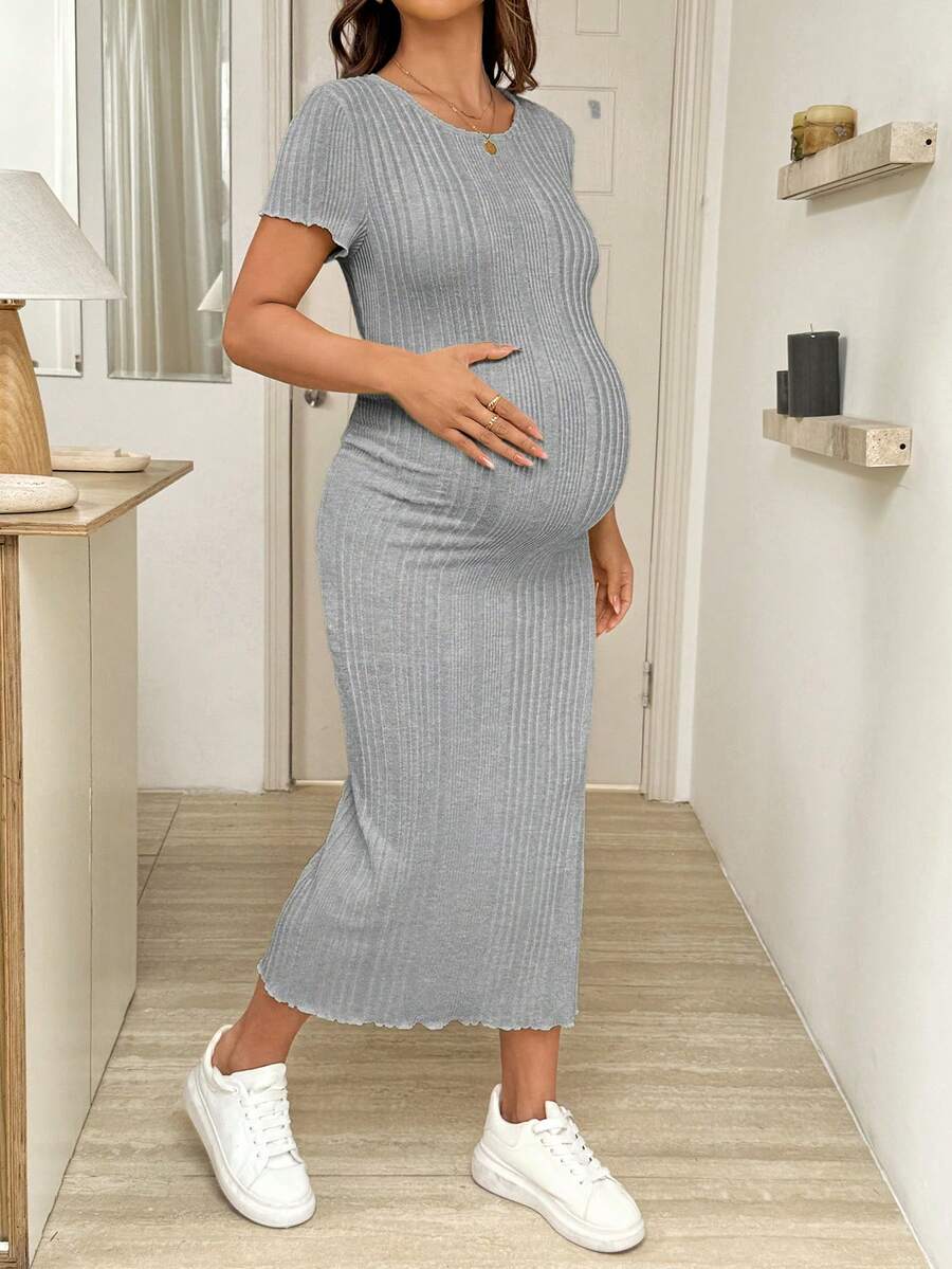 Maternity Bodycon Midi Dress - Round Neck, Short Sleeve, Side Slit, Slim Fit, Light Grey