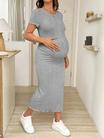Maternity Short Sleeve Side Slit Midi Dress Elegant Slim Fit Round Neck Bodycon Knitted Dress for Summer Holiday and Spring Break