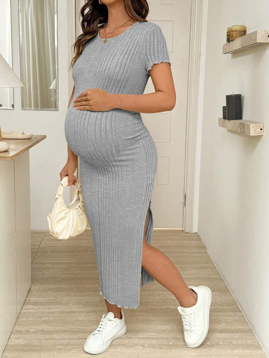 Maternity Bodycon Midi Dress - Round Neck, Short Sleeve, Side Slit, Slim Fit, Light Grey