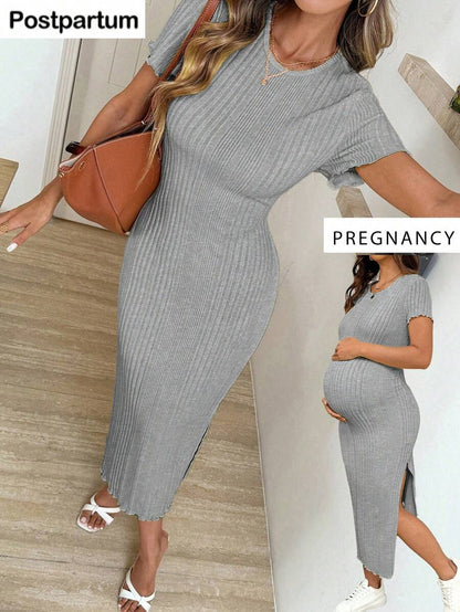 Maternity Short Sleeve Side Slit Midi Dress Elegant Slim Fit Round Neck Bodycon Knitted Dress for Summer Holiday and Spring Break
