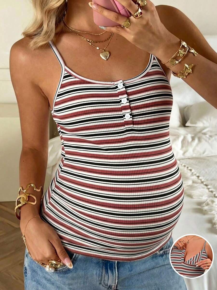 Maternity Striped Casual Camisole - Spaghetti Strap, Slim Fit, Ruched, Pink