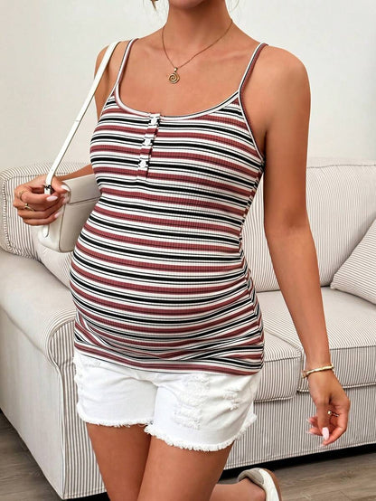 Maternity Striped Camisole Summer Cami Top with Ruched Detail and Spaghetti Straps Casual Slim Fit Knitted Tank for Home & Daily Wear