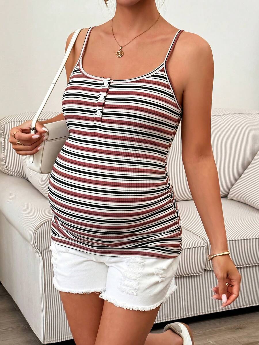 Maternity Striped Casual Camisole - Spaghetti Strap, Slim Fit, Ruched, Pink