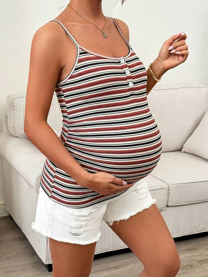 Maternity Striped Camisole Summer Cami Top with Ruched Detail and Spaghetti Straps Casual Slim Fit Knitted Tank for Home & Daily Wear