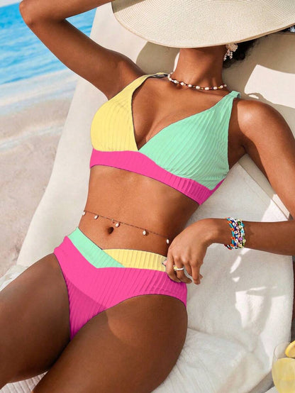 Swim Vcay Women V-Neck Textured Striped Bikini Set For Summer Beach Vacation