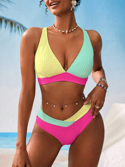 Swim Vcay Women V-Neck Textured Striped Bikini Set For Summer Beach Vacation