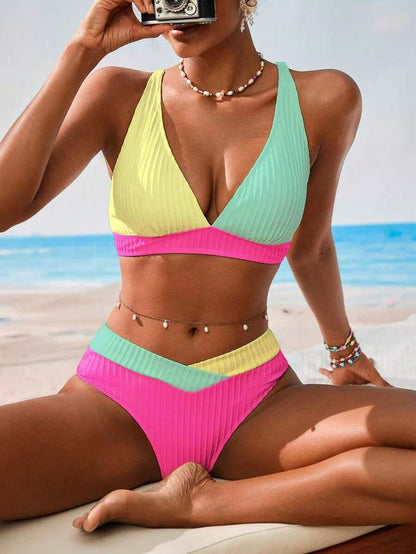 Women's V-Neck Textured Tankini Set - Ruched, Spaghetti Strap, High Waist, Multicolor