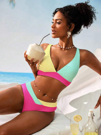 Women's V-Neck Textured Tankini Set - Ruched, Spaghetti Strap, High Waist, Multicolor