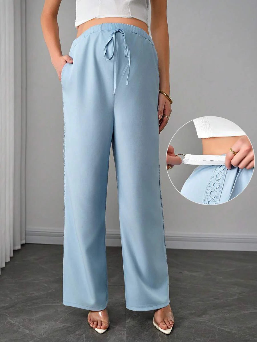Maternity Straight Leg Pants - Drawstring Knot Waist, Floral Side Trim, Pocket, Light Blue