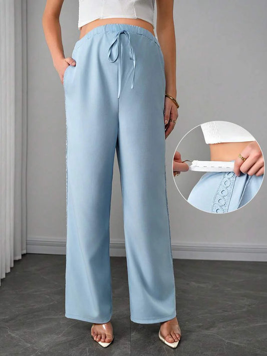 Maternity Straight Leg Pants - Drawstring Knot Waist, Floral Side Trim, Pocket, Light Blue