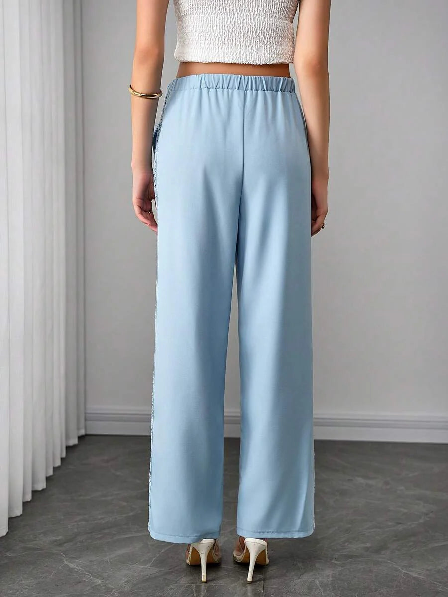 Maternity Straight Leg Pants - Drawstring Knot Waist, Floral Side Trim, Pocket, Light Blue