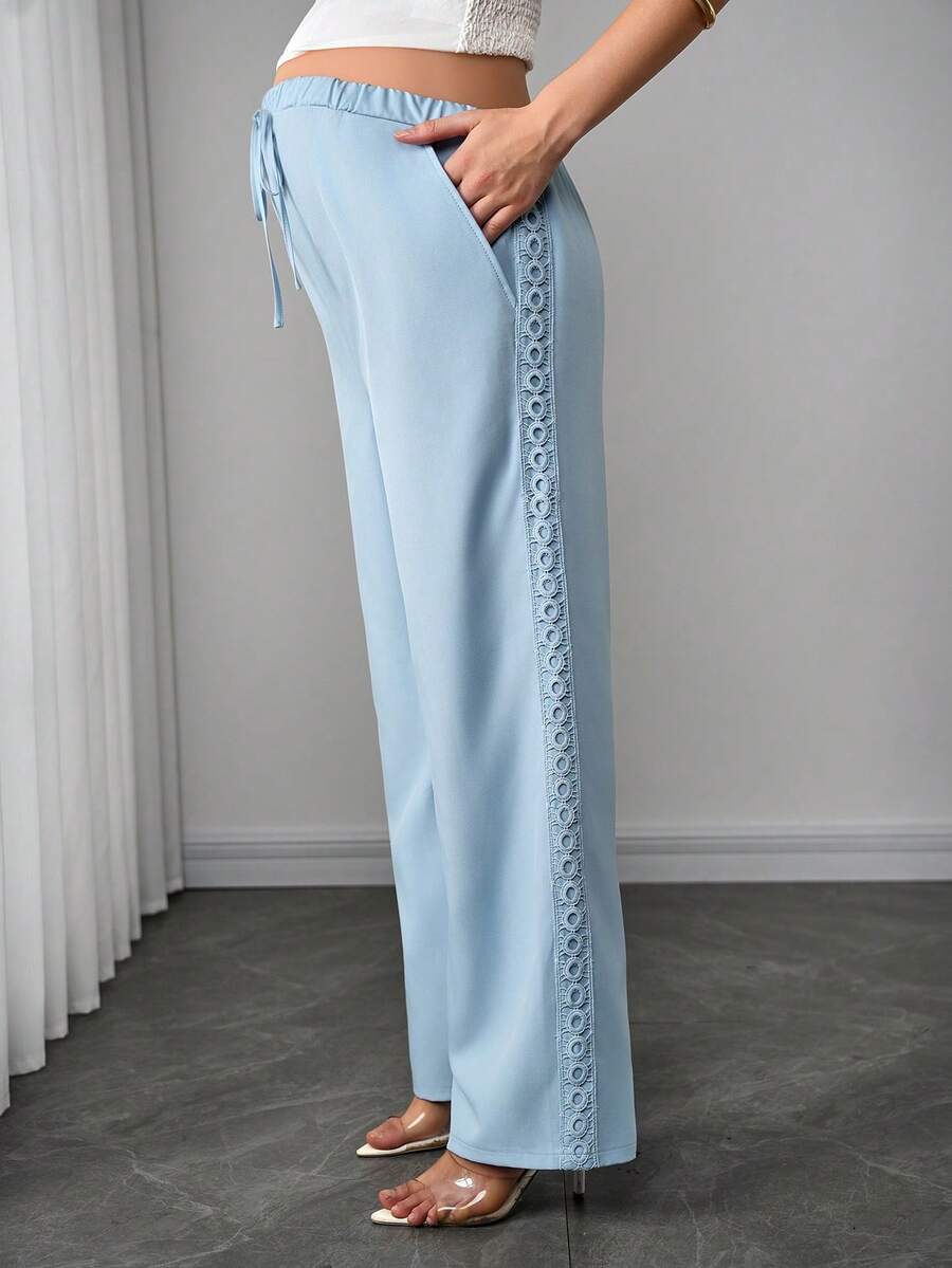 Maternity Straight Leg Pants - Drawstring Knot Waist, Floral Side Trim, Pocket, Light Blue