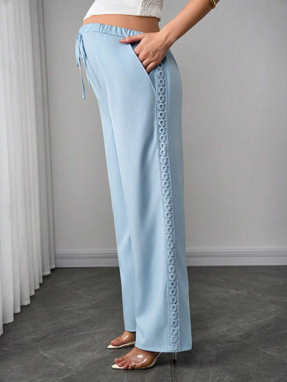 Maternity Straight Leg Pants - Drawstring Knot Waist, Floral Side Trim, Pocket, Light Blue