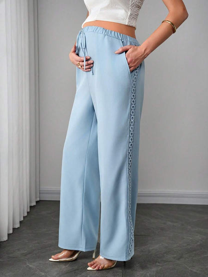 Maternity Straight Leg Pants - Drawstring Knot Waist, Floral Side Trim, Pocket, Light Blue
