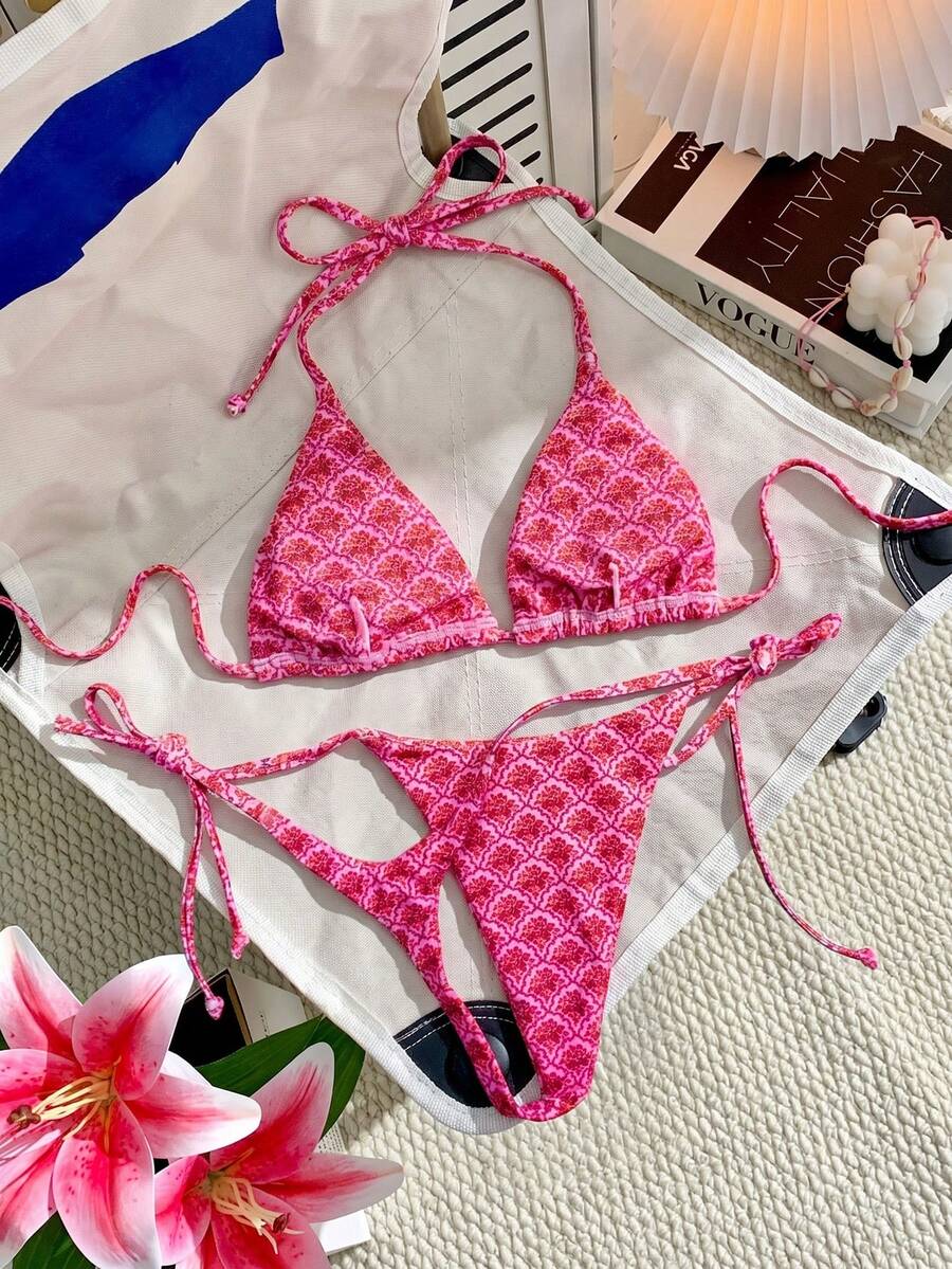 Swim Vcay Women's Solid Color Halter Tie Backless Sexy Thong Bikini Set Bikini Triangle Lemon Bikini Yellow Bathing Suits Light Yellow Bikini String Bikini Set