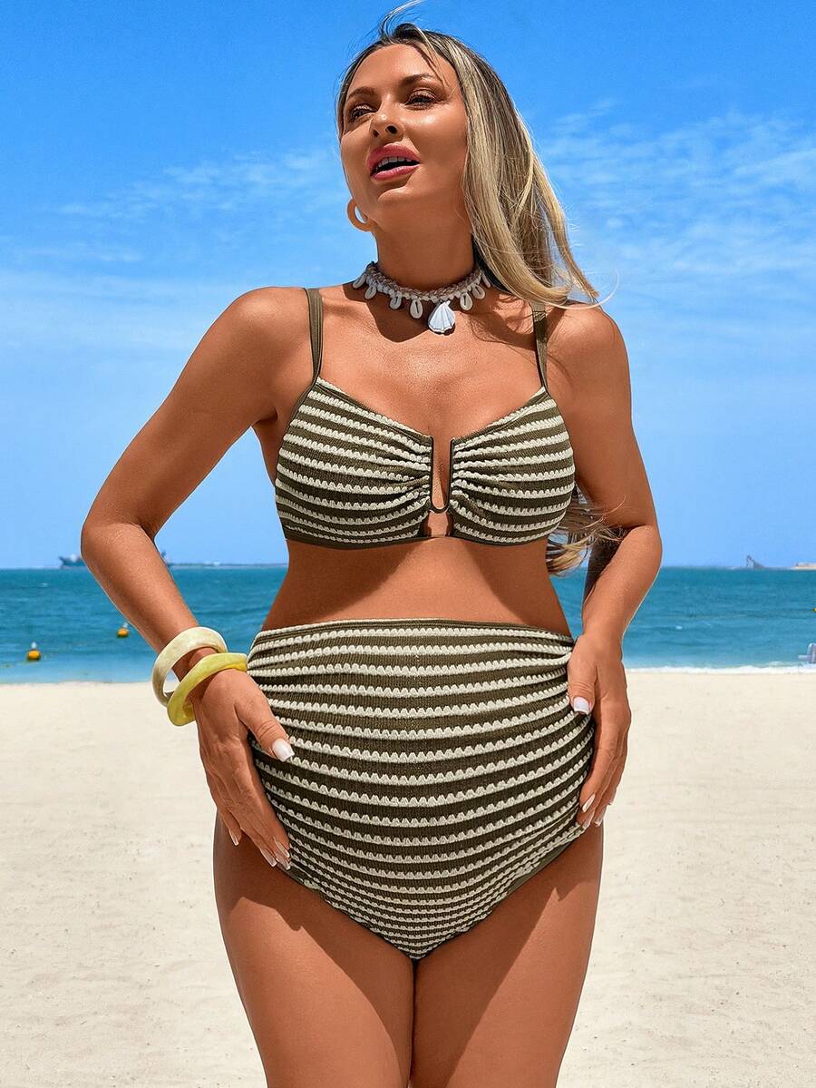 Multicolor Striped High-Waist Maternity Bikini Set – Sexy V-Wired Spaghetti Strap Pregnancy Swimsuit for Beach & Summer