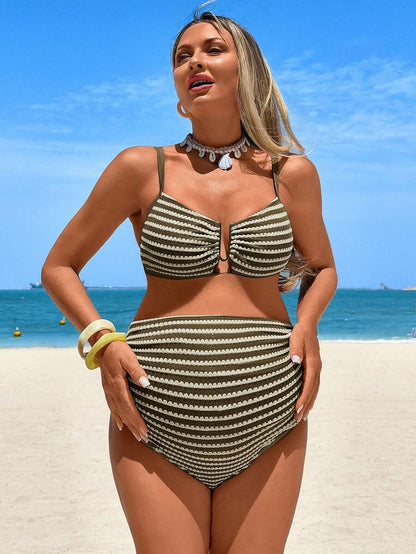 Multicolor Striped High-Waist Maternity Bikini Set – Sexy V-Wired Spaghetti Strap Pregnancy Swimsuit for Beach & Summer