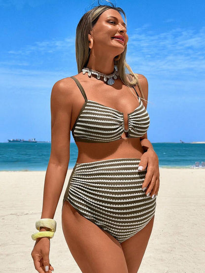 Multicolor Striped High-Waist Maternity Bikini Set – Sexy V-Wired Spaghetti Strap Pregnancy Swimsuit for Beach & Summer