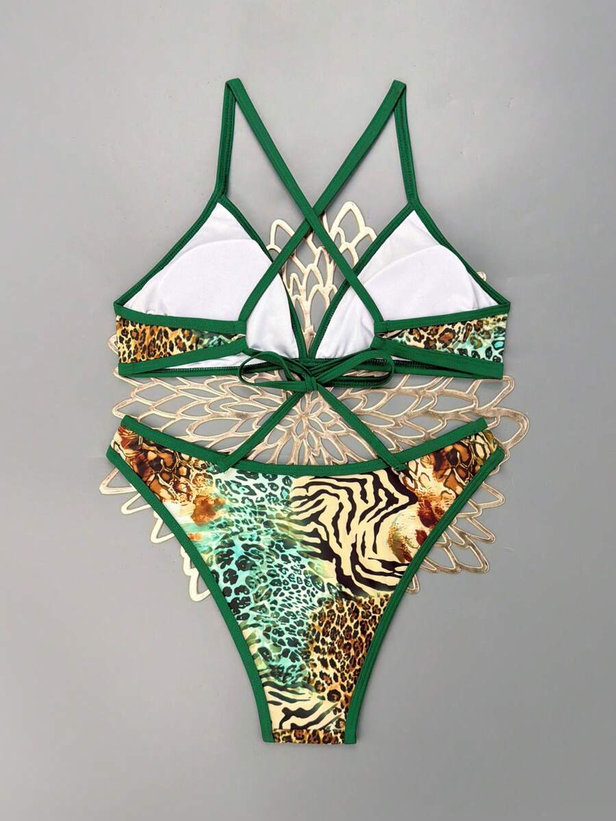 Women's Sporty Triangle Bikini Set - Contrasting Trim, Criss Cross, Spaghetti Strap, Navy Blue