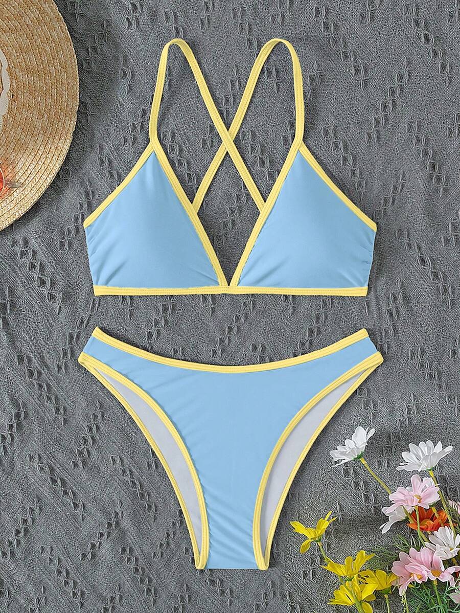 Swim Vcay Summer Beach Women Vacation Color-Block Halter Strap Bikini Set With Separated Bikini Set