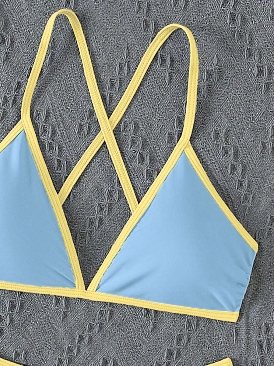 Women's Sporty Triangle Bikini Set - Contrasting Trim, Criss Cross, Spaghetti Strap, Navy Blue
