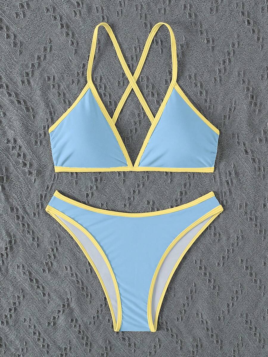 Women's Sporty Triangle Bikini Set - Contrasting Trim, Criss Cross, Spaghetti Strap, Navy Blue