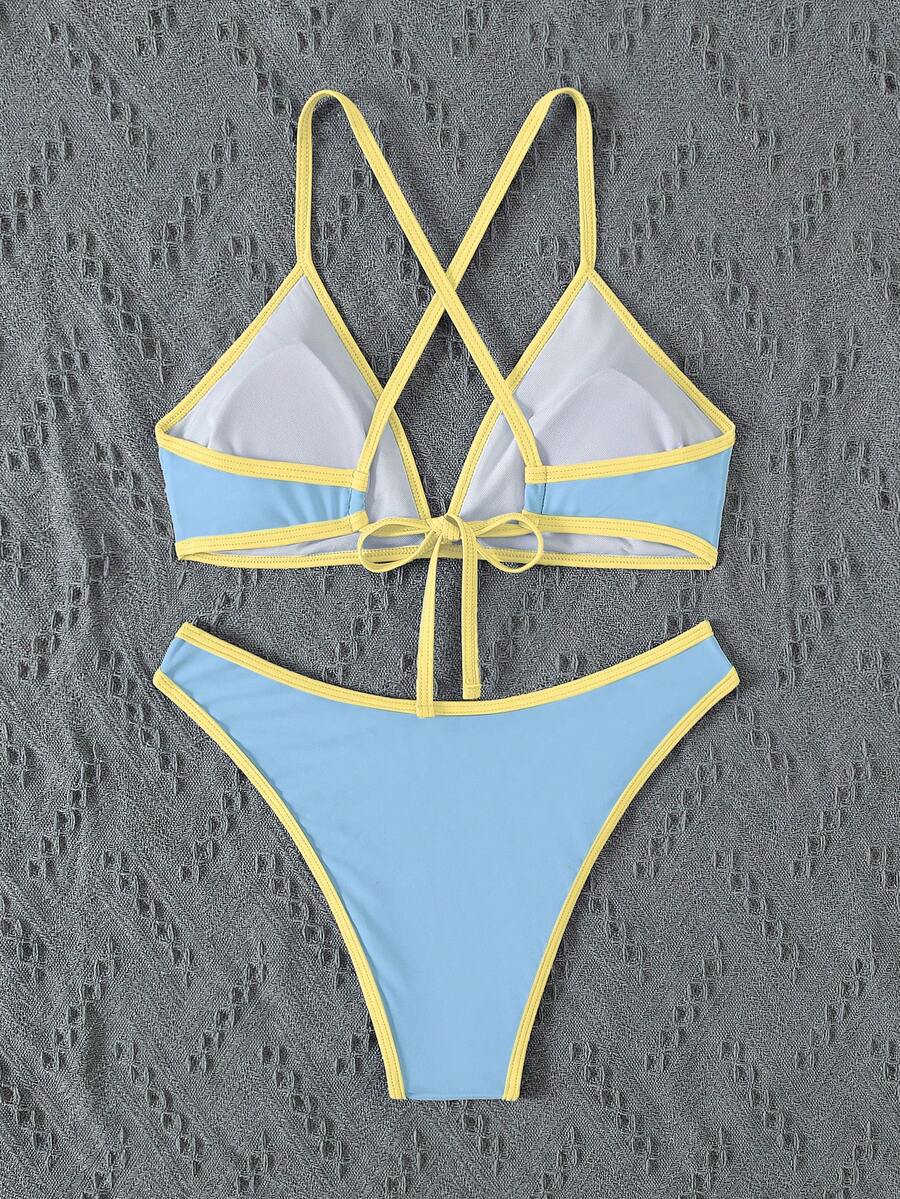Women's Sporty Triangle Bikini Set - Contrasting Trim, Criss Cross, Spaghetti Strap, Navy Blue