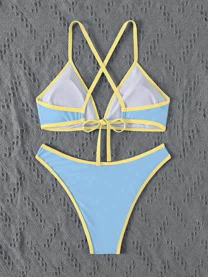 Swim Vcay Summer Beach Women Vacation Color-Block Halter Strap Bikini Set With Separated Bikini Set