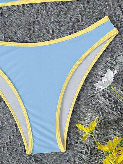 Women's Sporty Triangle Bikini Set - Contrasting Trim, Criss Cross, Spaghetti Strap, Navy Blue