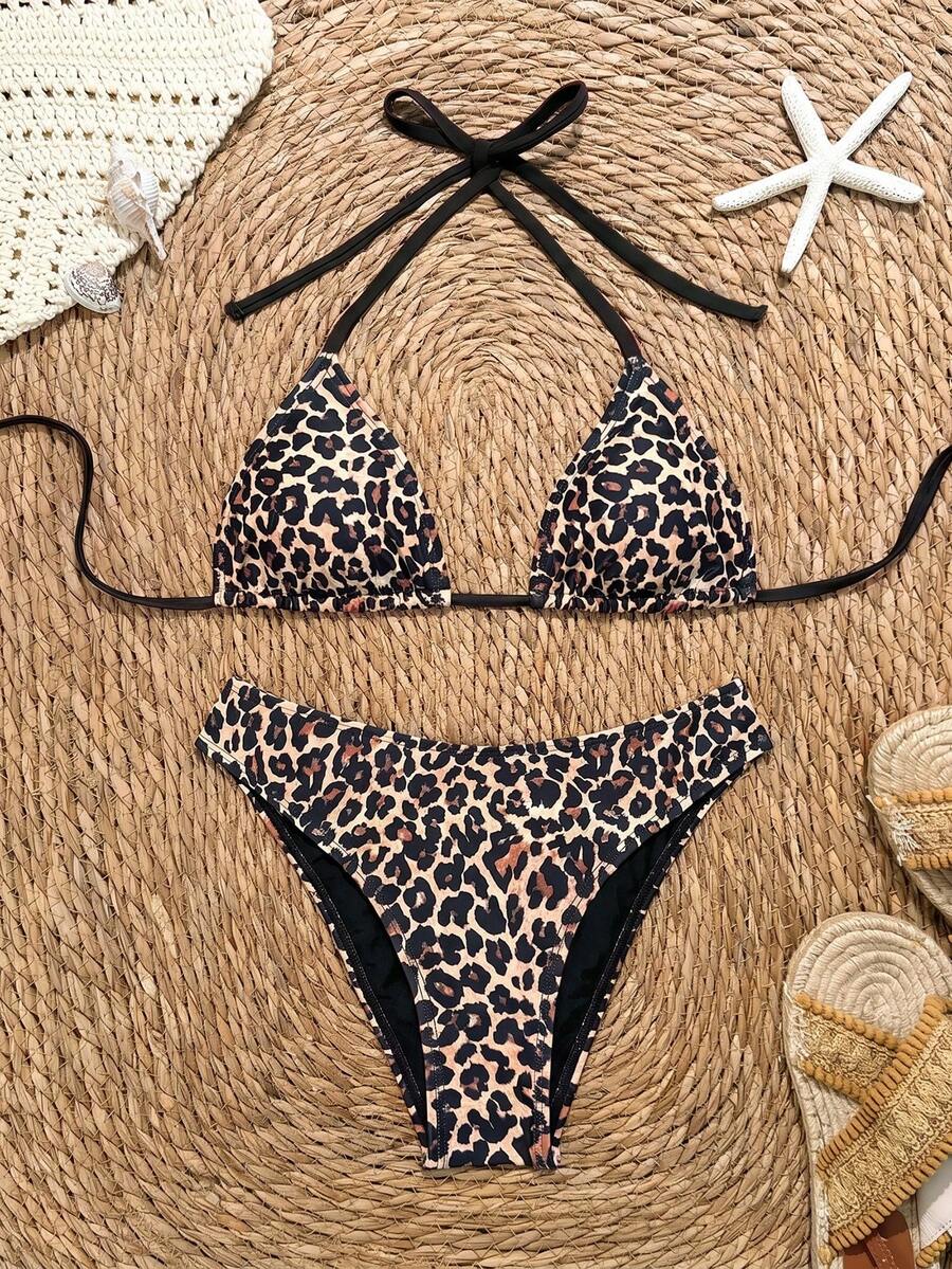 Swim Vcay 2026 Spring/Summer Women's Spaghetti Strap Halter Neck Black Base White Polka Dot Random Print Sweet Cute Side High Cut Bikini Swimwear 2-Piece Set Vacation Bikini Set Pink Bikini Set High Leg Bikini Set Modest Bikini Set Bikini Set