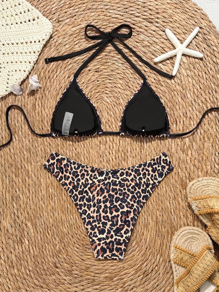 Swim Vcay 2026 Spring/Summer Women's Spaghetti Strap Halter Neck Black Base White Polka Dot Random Print Sweet Cute Side High Cut Bikini Swimwear 2-Piece Set Vacation Bikini Set Pink Bikini Set High Leg Bikini Set Modest Bikini Set Bikini Set