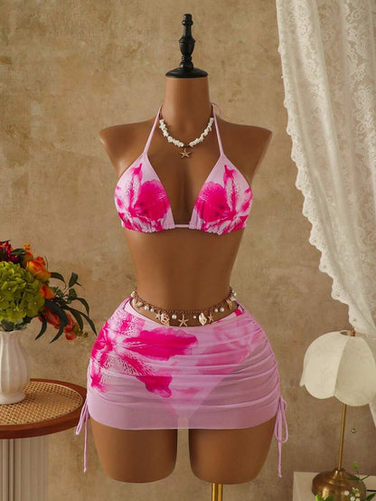 Women's 3-Piece Leopard Print Bikini Set - Halter Triangle Cup, Mesh Skirt, Tie Side, Multicolor