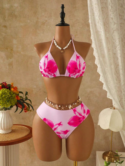 Women's 3-Piece Leopard Print Bikini Set - Halter Triangle Cup, Mesh Skirt, Tie Side, Multicolor