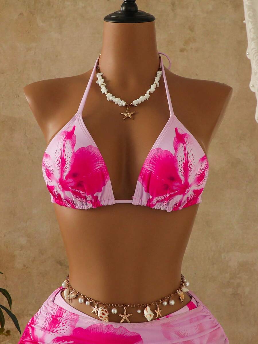 Women's 3-Piece Leopard Print Bikini Set - Halter Triangle Cup, Mesh Skirt, Tie Side, Multicolor