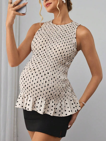 Yellow Polka Dot Ruched Maternity Peplum Top – Sleeveless Round Neck Slim Fit Flared Hem Top for Pregnancy Daily Wear & Casual Outfits