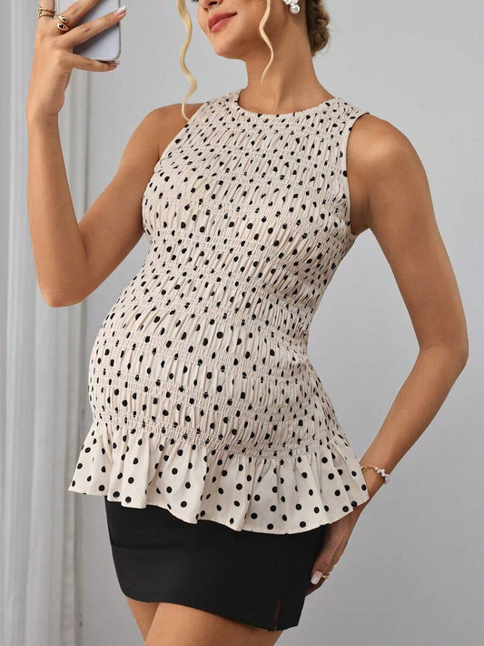 Yellow Polka Dot Ruched Maternity Peplum Top – Sleeveless Round Neck Slim Fit Flared Hem Top for Pregnancy Daily Wear & Casual Outfits