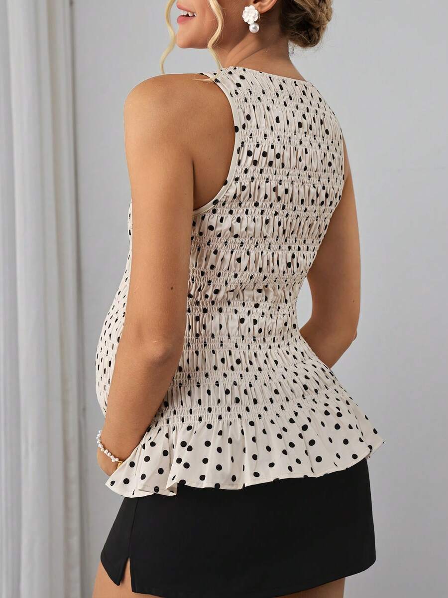 Yellow Polka Dot Tie Shoulder Maternity Top - Ruched Waist Peplum Sleeveless Blouse - Slim Fit Flattering Round Neck Pregnancy Top