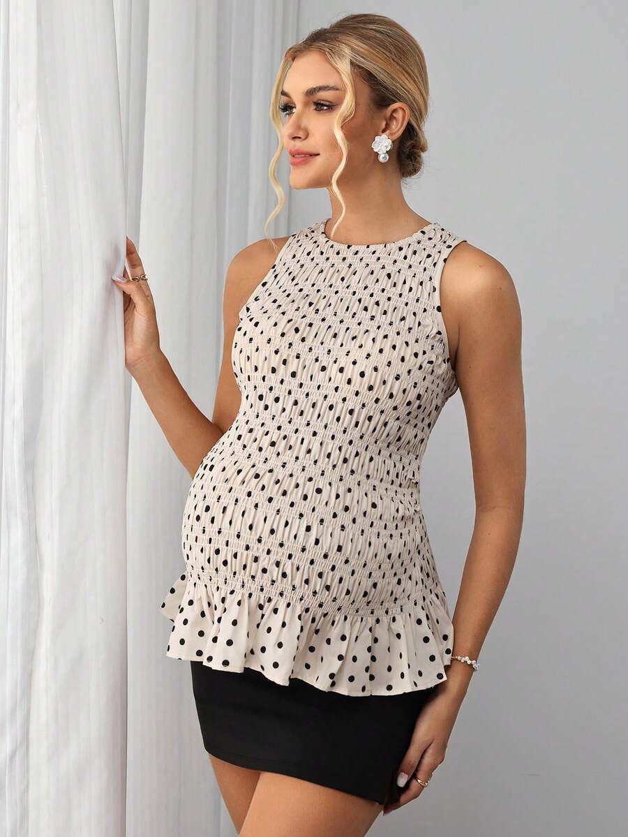 Yellow Polka Dot Tie Shoulder Maternity Top - Ruched Waist Peplum Sleeveless Blouse - Slim Fit Flattering Round Neck Pregnancy Top