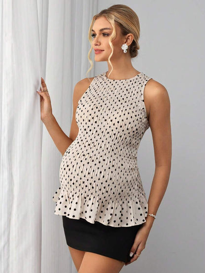 Yellow Polka Dot Tie Shoulder Maternity Top - Ruched Waist Peplum Sleeveless Blouse - Slim Fit Flattering Round Neck Pregnancy Top