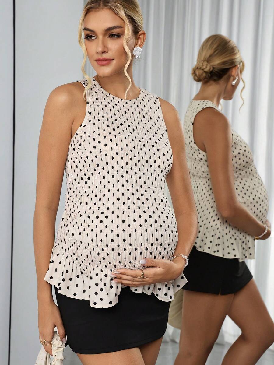 Yellow Polka Dot Ruched Maternity Peplum Top – Sleeveless Round Neck Slim Fit Flared Hem Top for Pregnancy Daily Wear & Casual Outfits