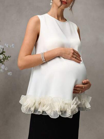 Maternity Satin Tank Top - Round Neck, 3D Ruffle Hem, Loose Fit, Long, Apricot