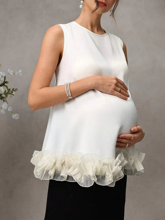 Maternity Satin Tank Top - Round Neck, 3D Ruffle Hem, Loose Fit, Long, Apricot
