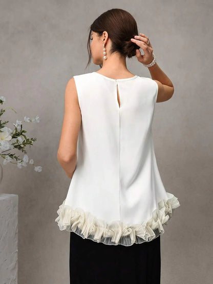 Maternity Satin Tank Top - Round Neck, 3D Ruffle Hem, Loose Fit, Long, Apricot
