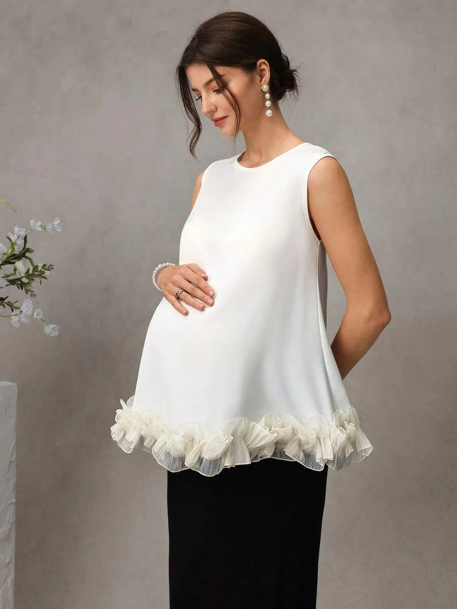Maternity Satin Tank Top - Round Neck, 3D Ruffle Hem, Loose Fit, Long, Apricot