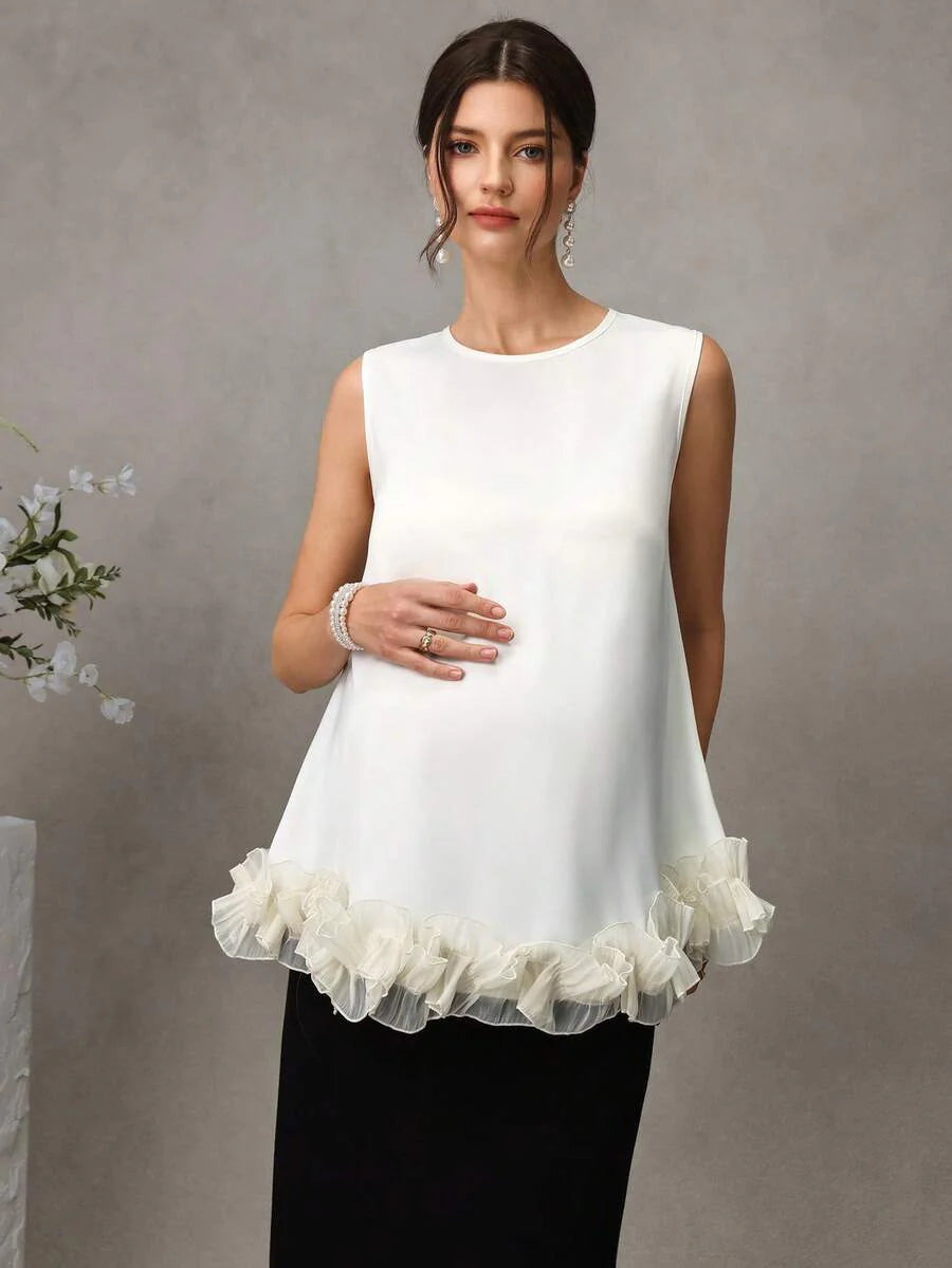 Maternity Satin Tank Top - Round Neck, 3D Ruffle Hem, Loose Fit, Long, Apricot