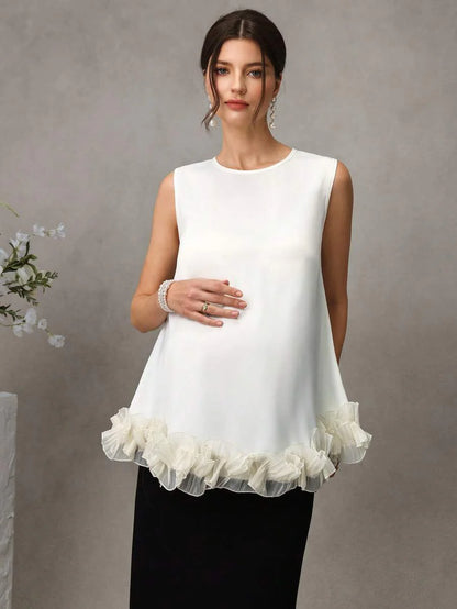 Maternity Satin Tank Top - Round Neck, 3D Ruffle Hem, Loose Fit, Long, Apricot