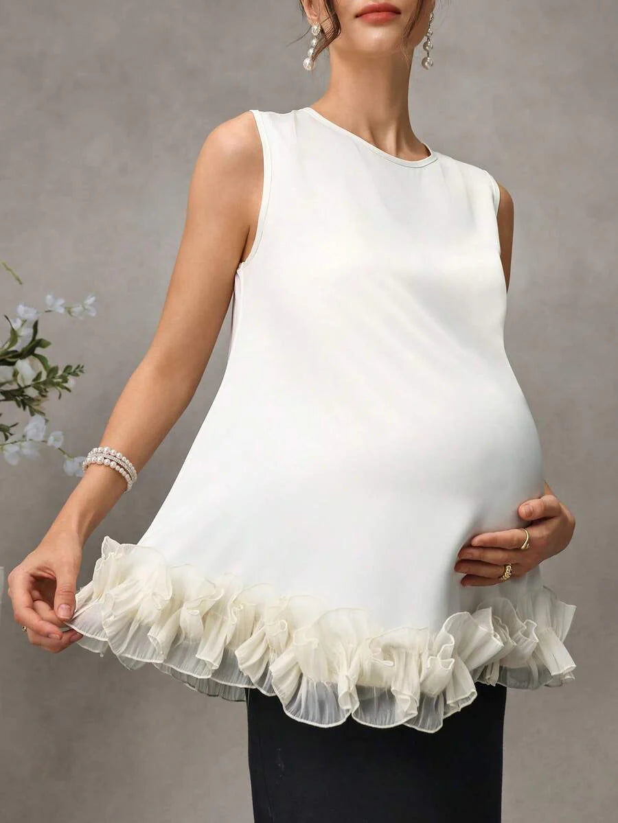 Maternity Satin Tank Top - Round Neck, 3D Ruffle Hem, Loose Fit, Long, Apricot