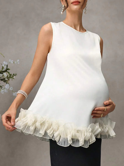 Maternity Satin Tank Top - Round Neck, 3D Ruffle Hem, Loose Fit, Long, Apricot