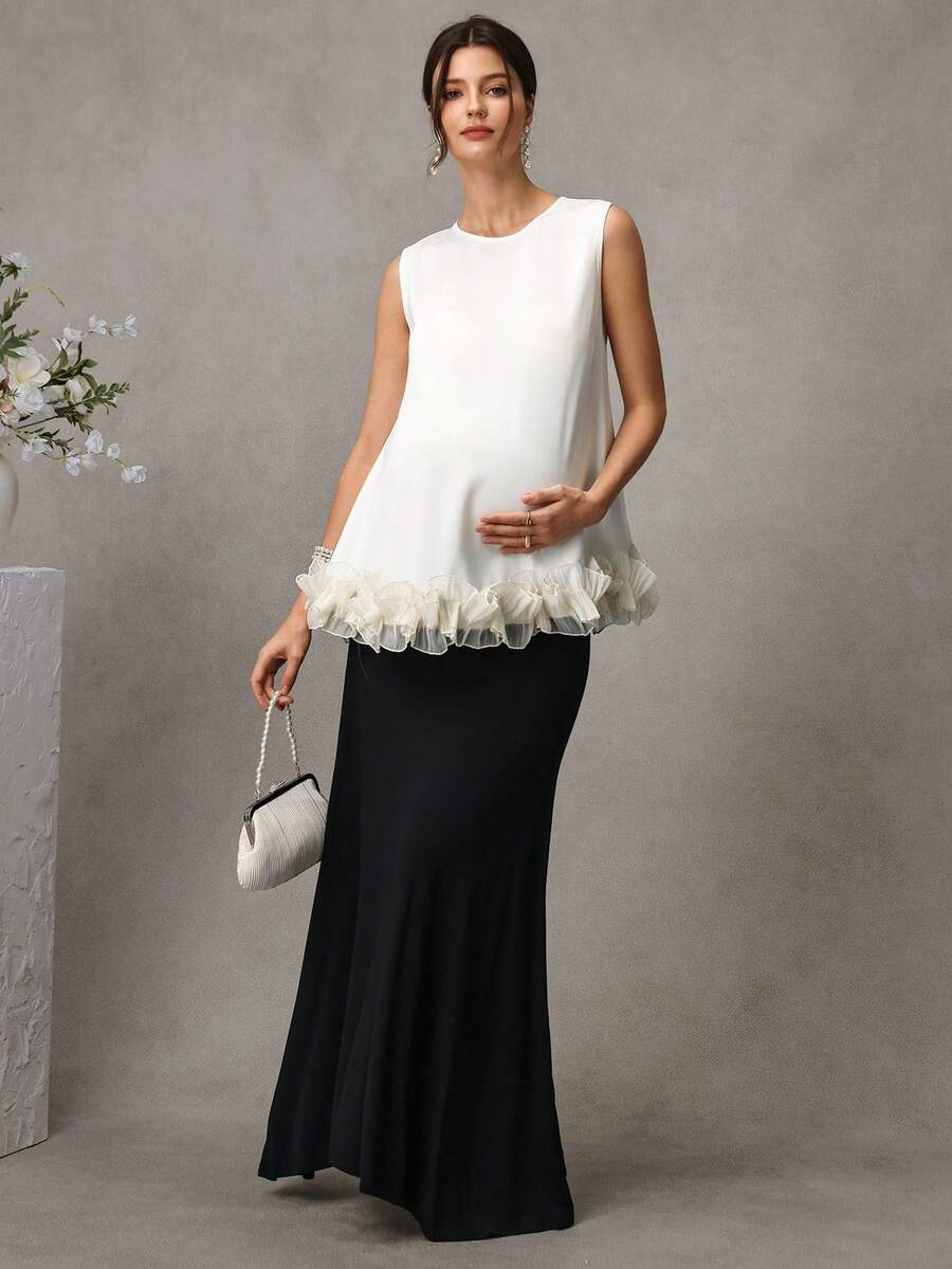 Maternity Satin Tank Top - Round Neck, 3D Ruffle Hem, Loose Fit, Long, Apricot