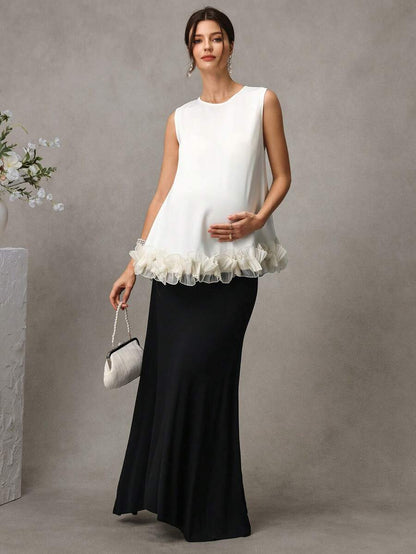 Maternity Satin Tank Top - Round Neck, 3D Ruffle Hem, Loose Fit, Long, Apricot